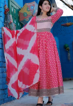 Block Printed Pure Cotton Abaya Style Suit in Pink