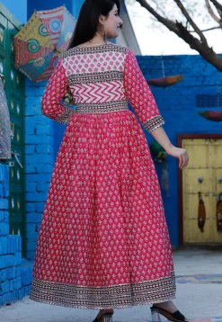 Block Printed Pure Cotton Abaya Style Suit in Pink