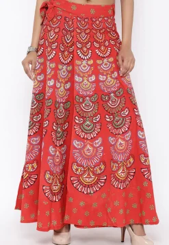 Block Printed Pure Cotton Wrap Around Skirt in Orange