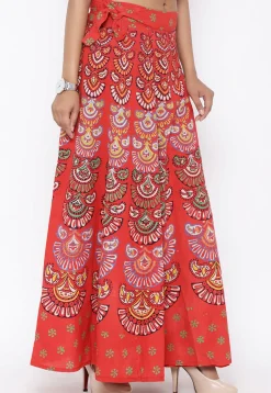 Block Printed Pure Cotton Wrap Around Skirt in Orange
