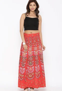 Block Printed Pure Cotton Wrap Around Skirt in Orange