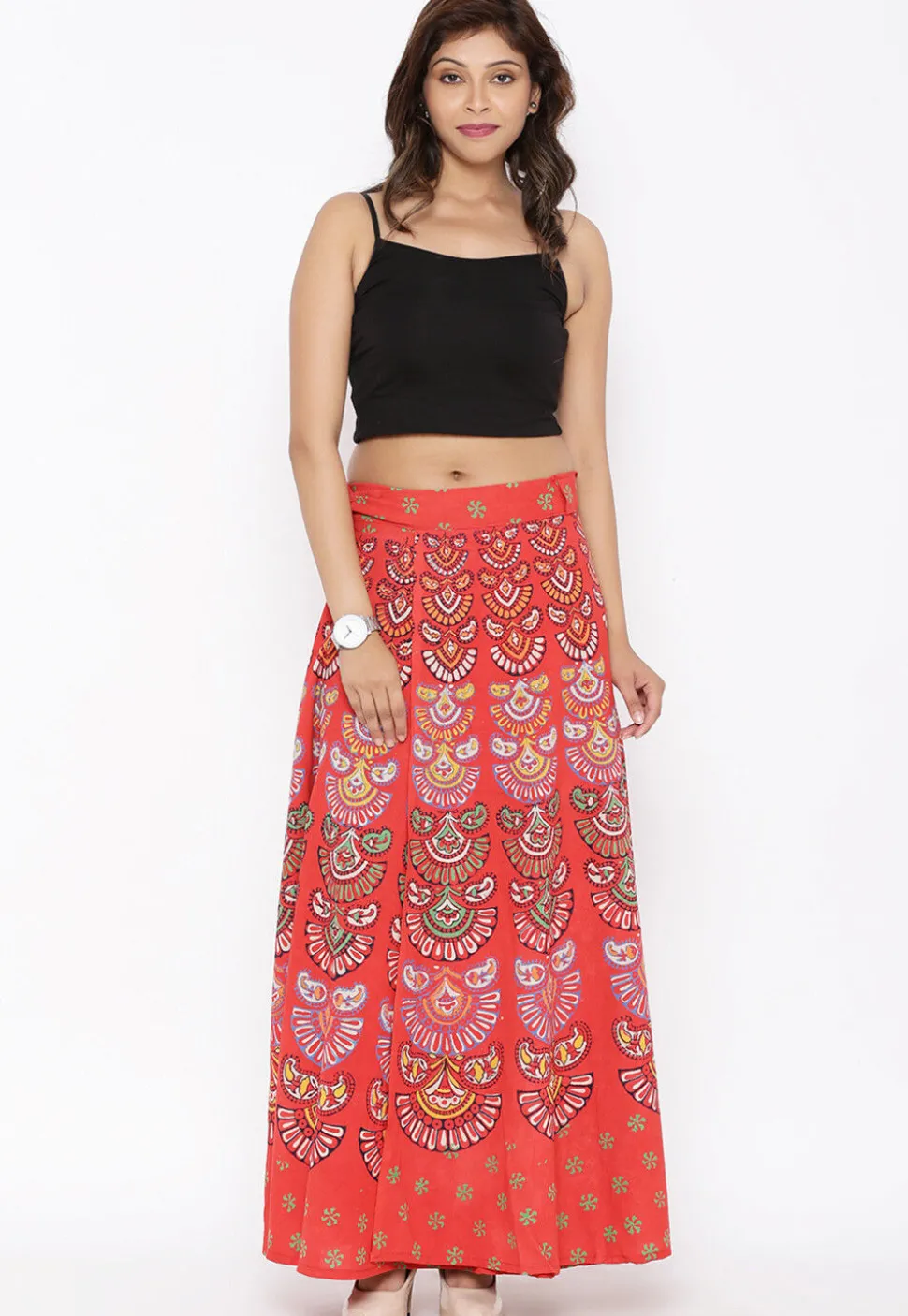 Block Printed Pure Cotton Wrap Around Skirt in Orange