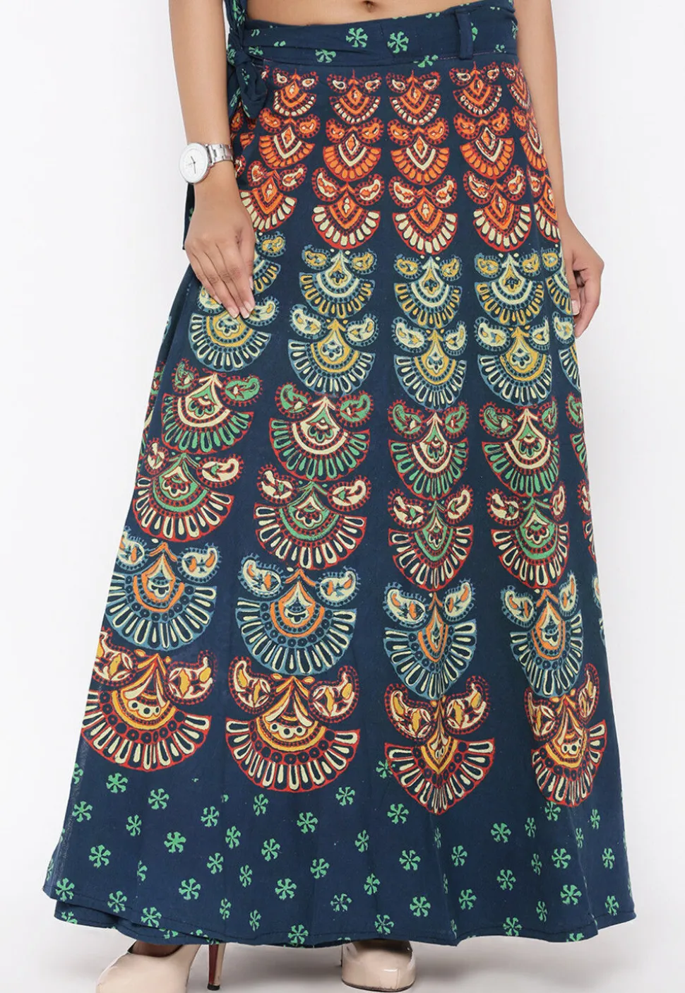 Block Printed Pure Cotton Wrap Around Skirt in Teal Blue