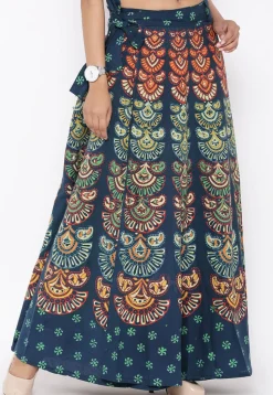 Block Printed Pure Cotton Wrap Around Skirt in Teal Blue