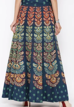 Block Printed Pure Cotton Wrap Around Skirt in Teal Blue
