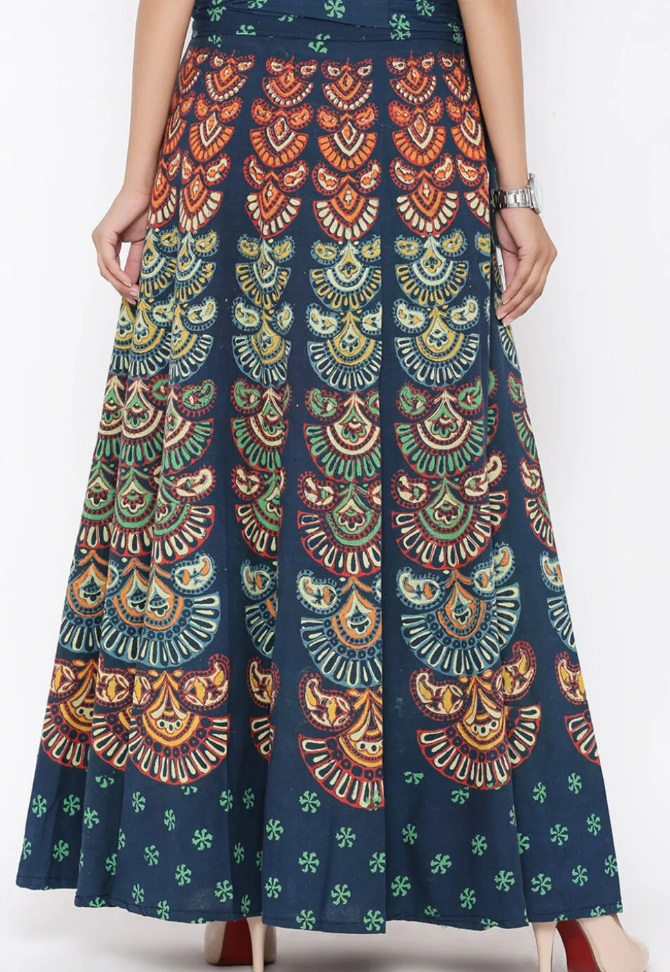 Block Printed Pure Cotton Wrap Around Skirt in Teal Blue