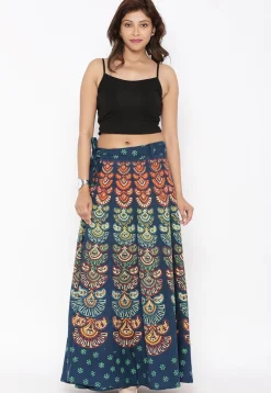 Block Printed Pure Cotton Wrap Around Skirt in Teal Blue