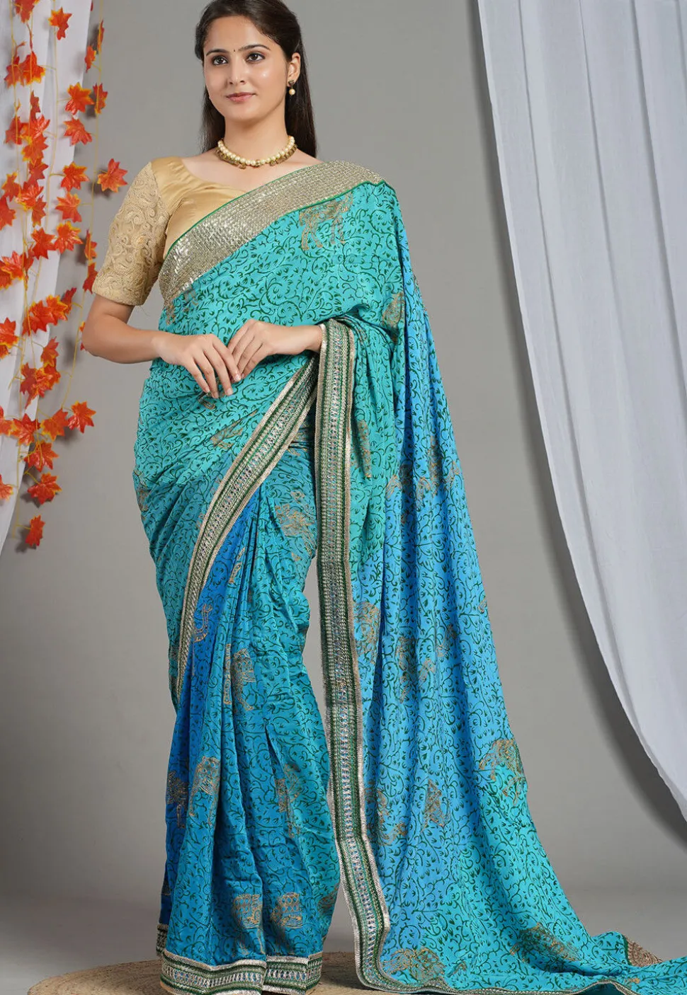 Block Printed Pure Crepe Multiple Joints Saree in Blue