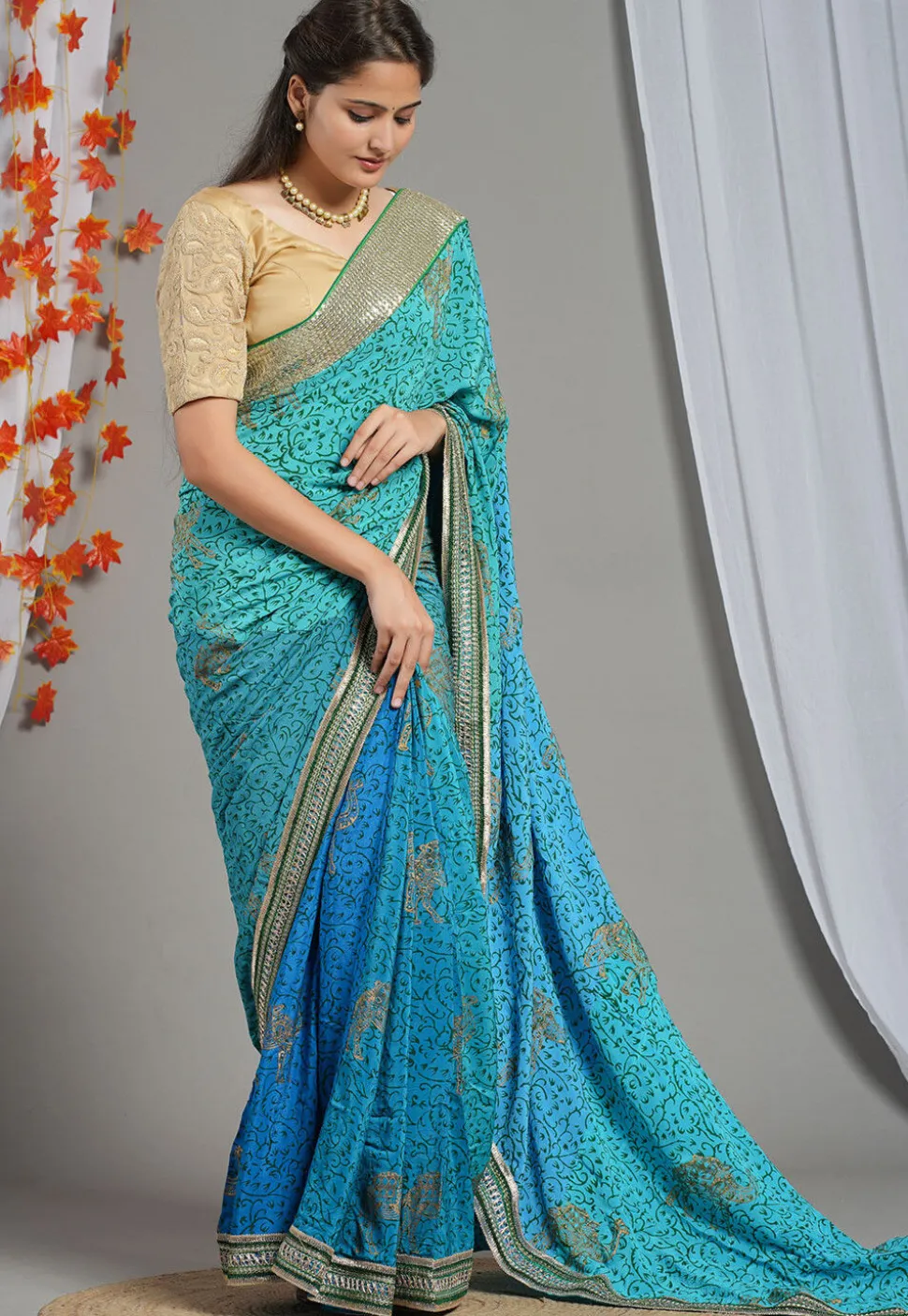 Block Printed Pure Crepe Multiple Joints Saree in Blue