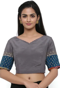 Block Printed Pure Crepe Blouse in Grey