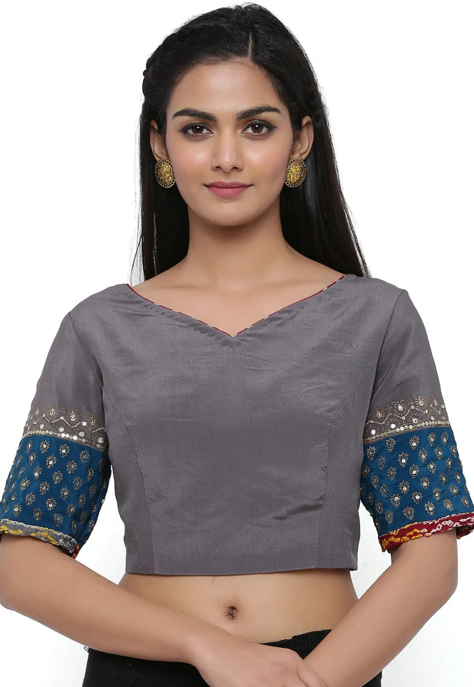 Block Printed Pure Crepe Blouse in Grey