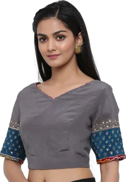Block Printed Pure Crepe Blouse in Grey