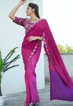Block Printed Pure Crepe Multiple Joints Saree in Pink and Purple