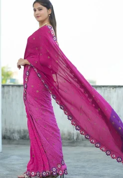 Block Printed Pure Crepe Multiple Joints Saree in Pink and Purple