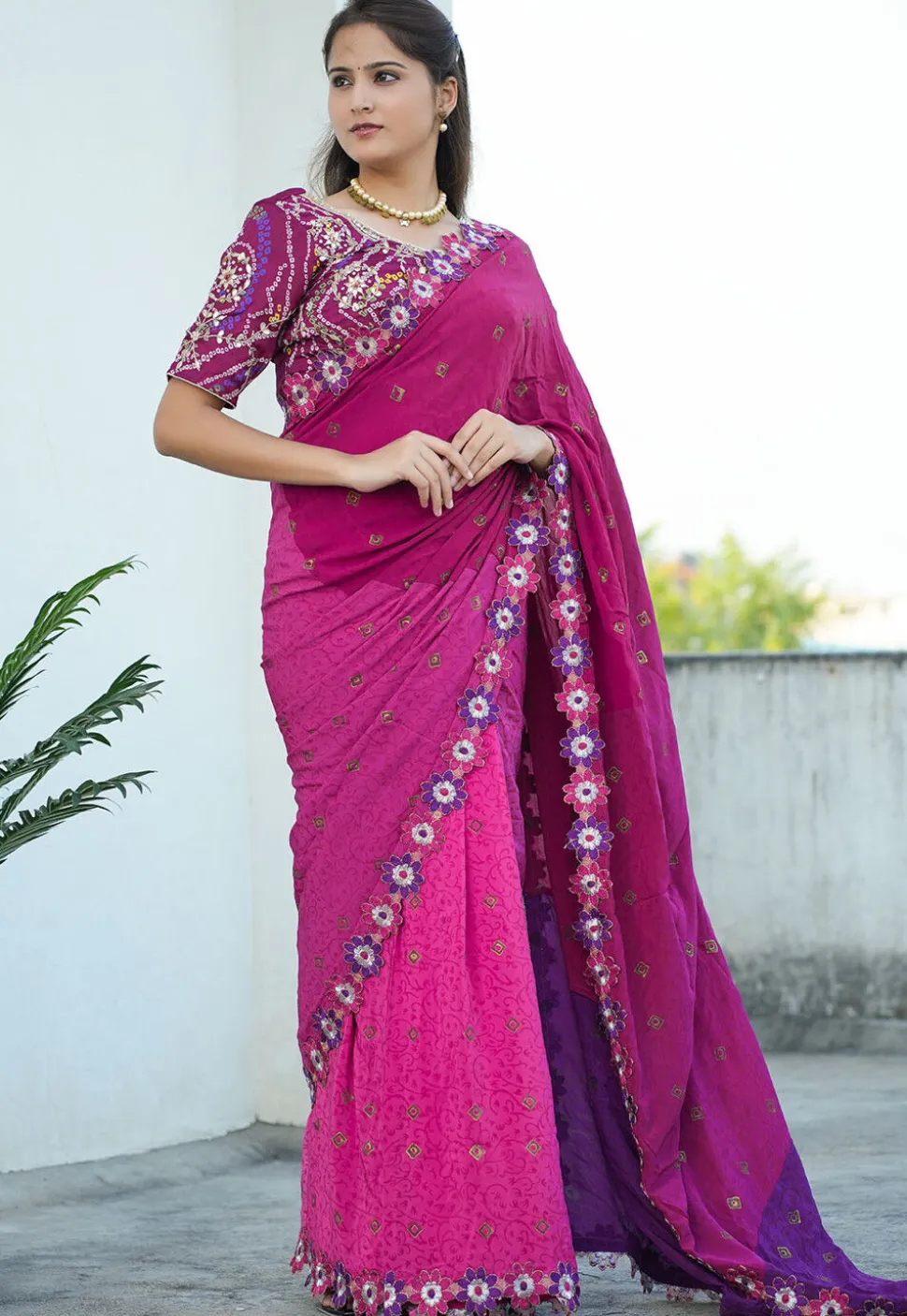 Block Printed Pure Crepe Multiple Joints Saree in Pink and Purple