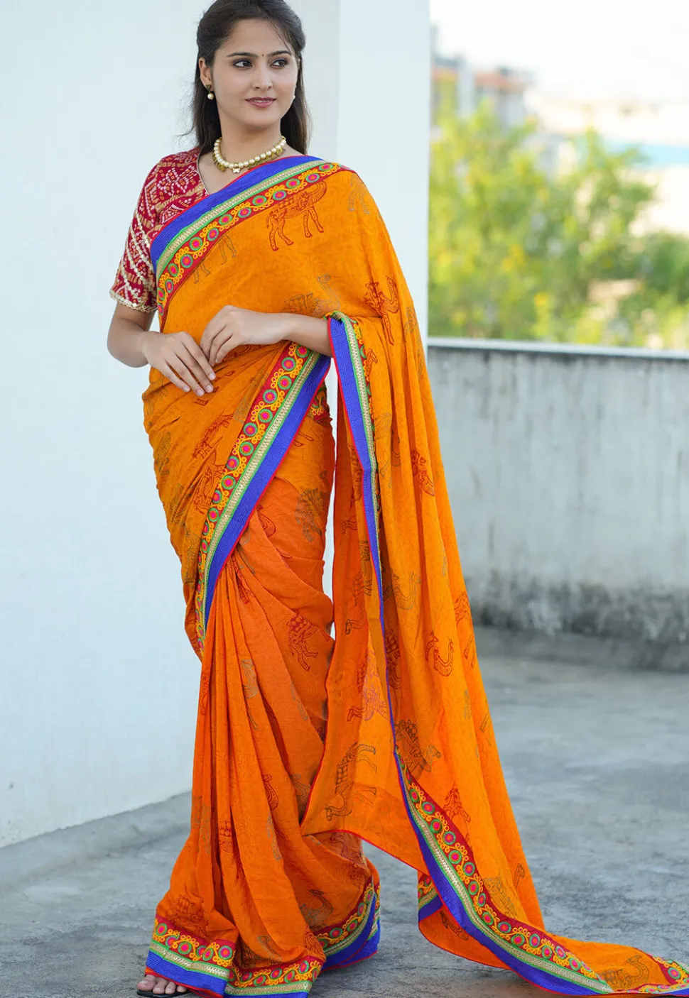 Block Printed Pure Crepe Multiple Joints Saree in Orange