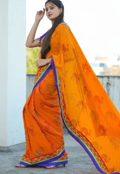 Block Printed Pure Crepe Multiple Joints Saree in Orange