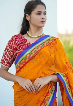 Block Printed Pure Crepe Multiple Joints Saree in Orange