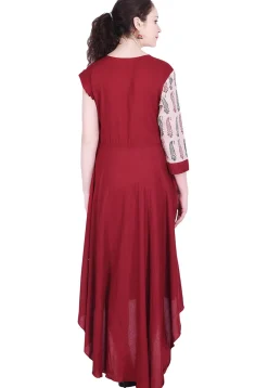 Block Printed Rayon Asymmetric A Line Kurta in Maroon