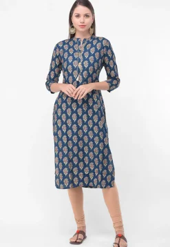 Block Printed Rayon Cotton Straight Kurta in Blue