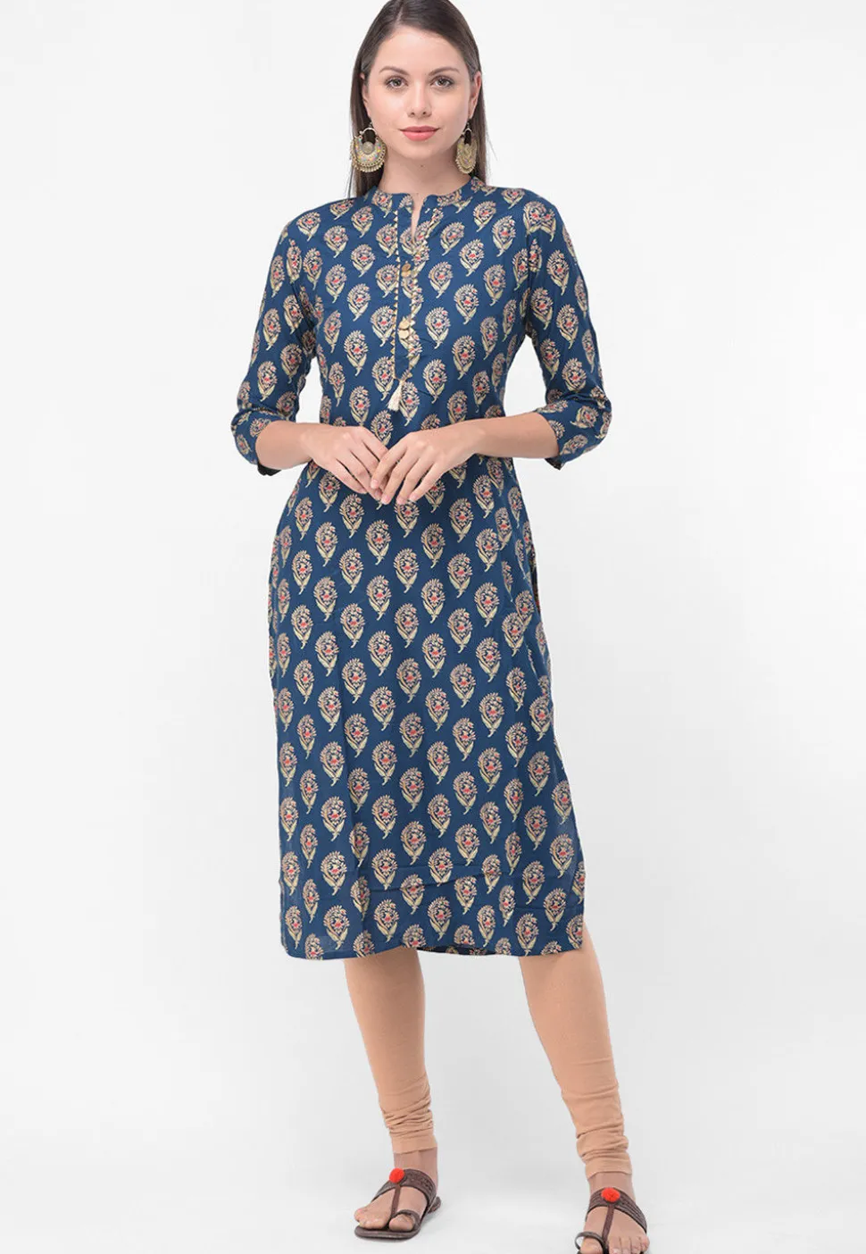 Block Printed Rayon Cotton Straight Kurta in Blue