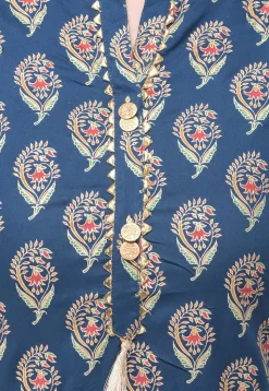 Block Printed Rayon Cotton Straight Kurta in Blue