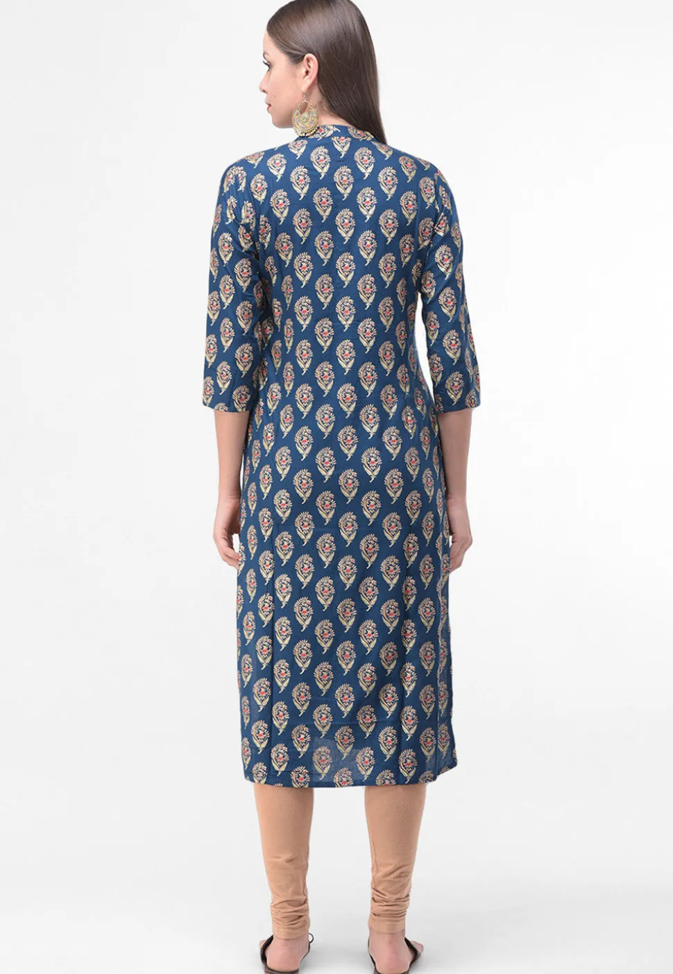 Block Printed Rayon Cotton Straight Kurta in Blue