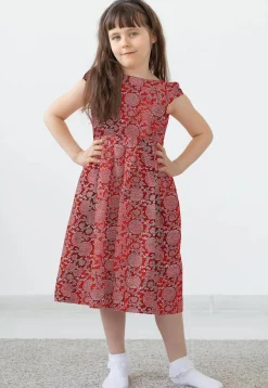 Block Printed Rayon Dress in Maroon
