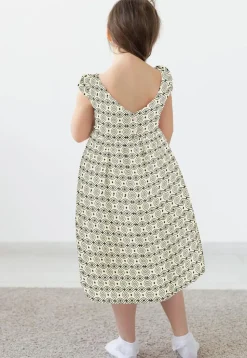 Block Printed Rayon Dress in Cream