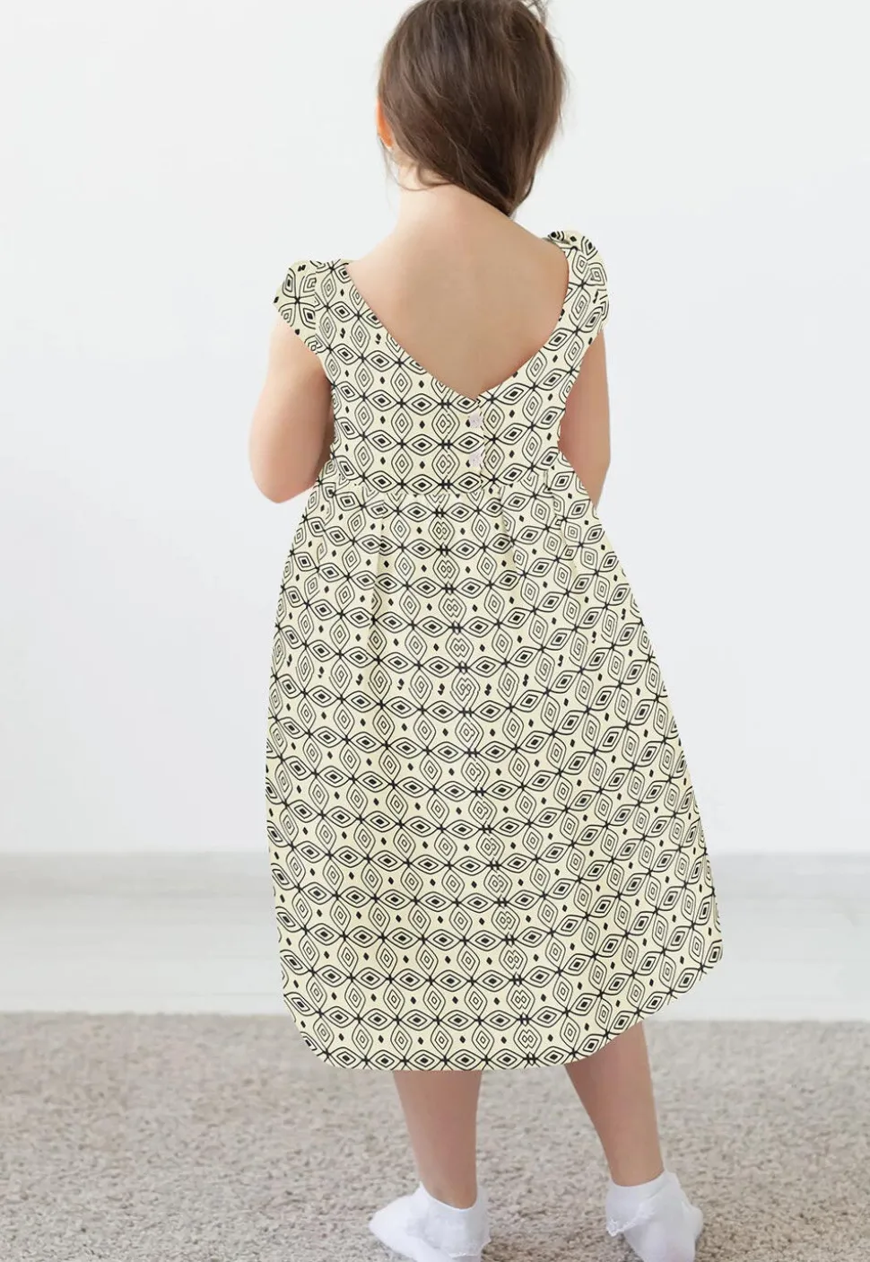 Block Printed Rayon Dress in Cream