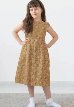Block Printed Rayon Dress in Olive Green