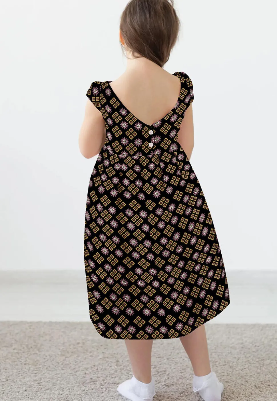 Block Printed Rayon Dress in Black