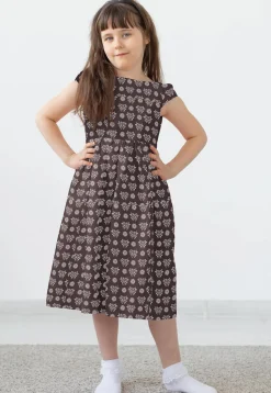 Block Printed Rayon Dress in Dark Brown