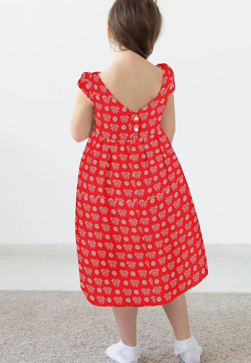 Block Printed Rayon Dress in Red