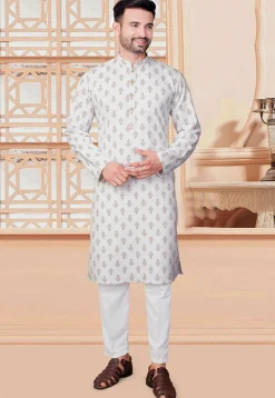 Block Printed Rayon Kurta Set in Off White