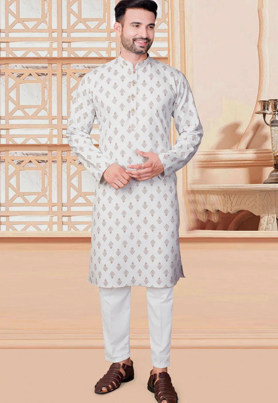 Block Printed Rayon Kurta Set in Off White