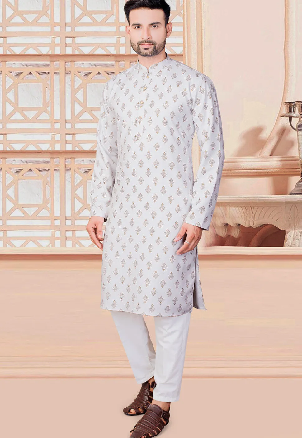 Block Printed Rayon Kurta Set in Off White