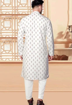 Block Printed Rayon Kurta Set in Off White
