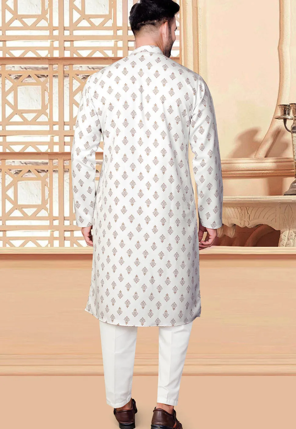 Block Printed Rayon Kurta Set in Off White