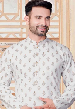 Block Printed Rayon Kurta Set in Off White