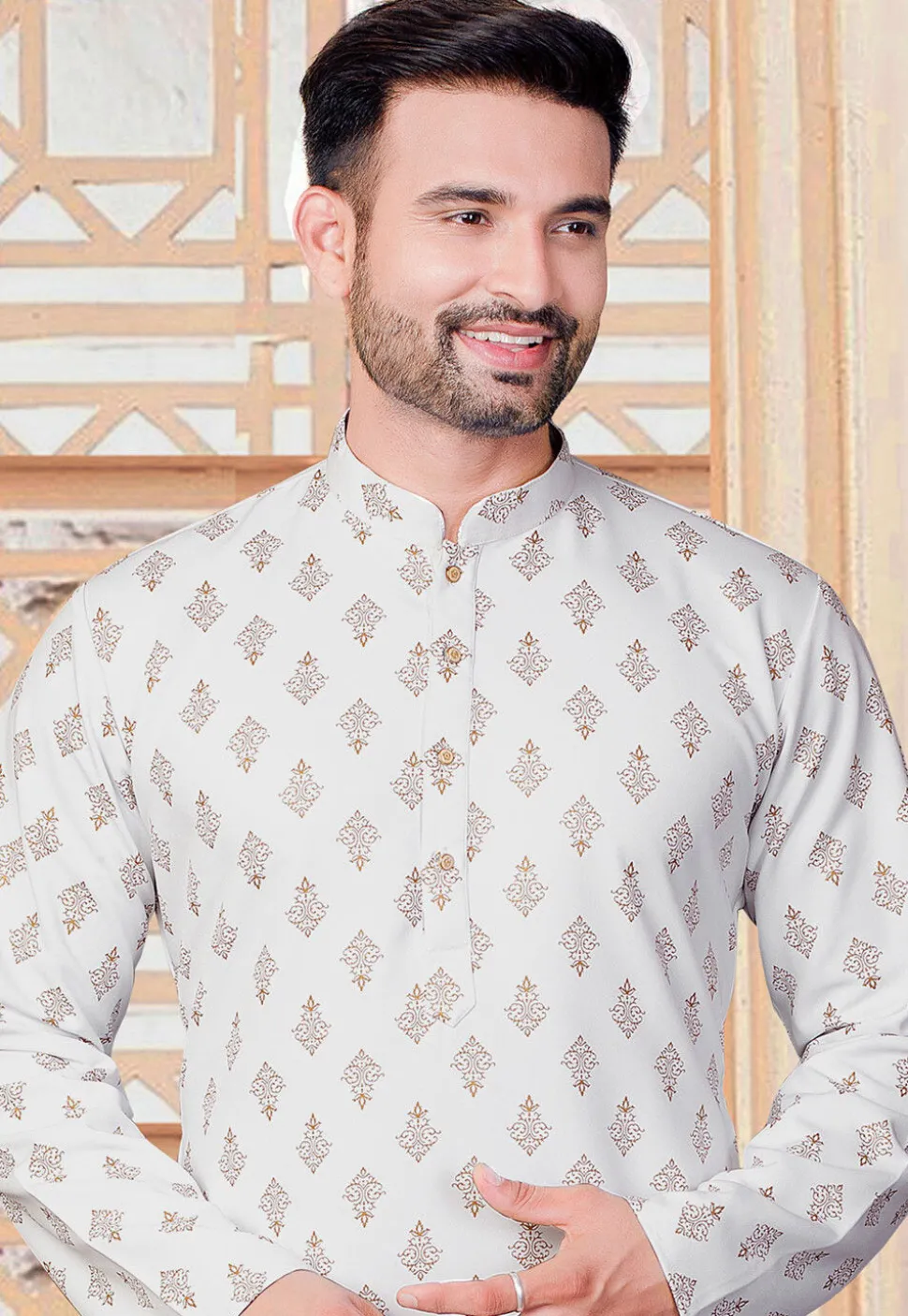 Block Printed Rayon Kurta Set in Off White
