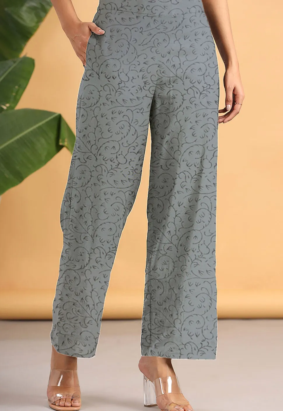 Block Printed Rayon Palazzo in Grey