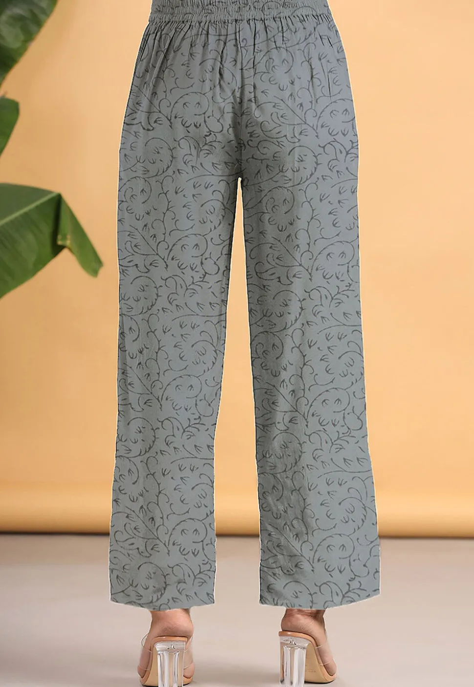 Block Printed Rayon Palazzo in Grey