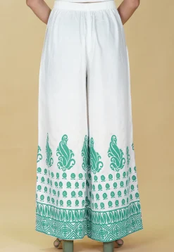 Block Printed Rayon Palazzo in White