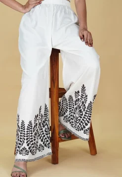 Block Printed Rayon Palazzo in Off White