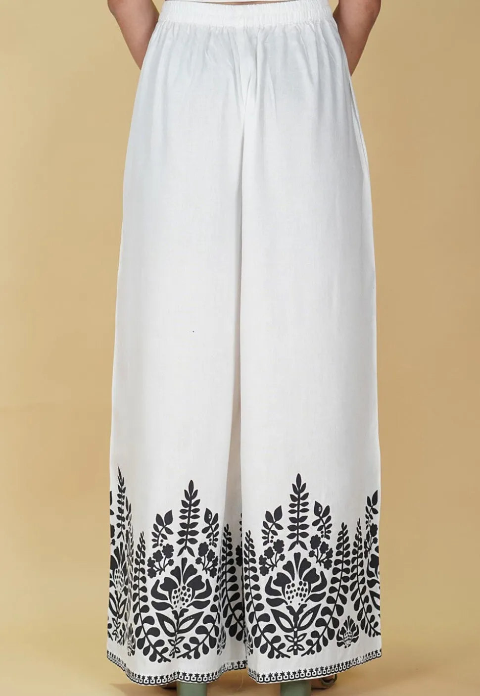 Block Printed Rayon Palazzo in Off White