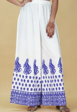 Block Printed Rayon Palazzo in White