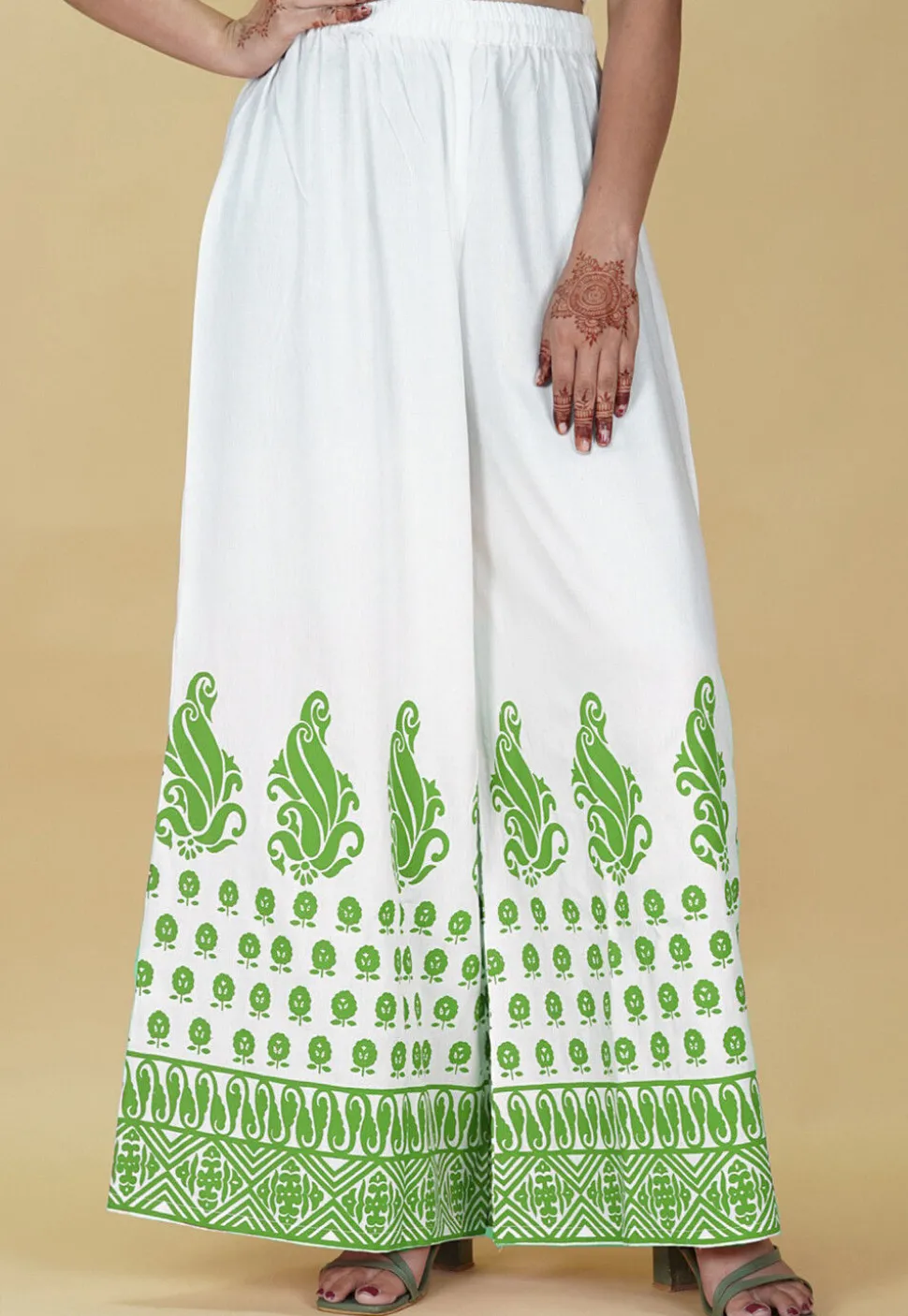 Block Printed Rayon Palazzo in White