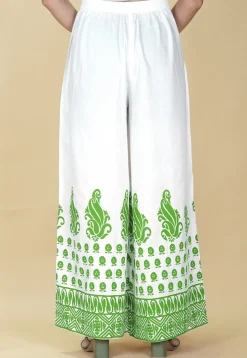 Block Printed Rayon Palazzo in White