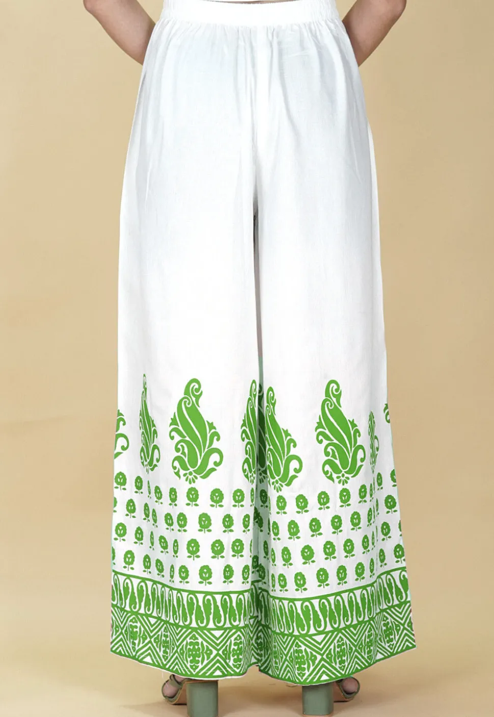Block Printed Rayon Palazzo in White